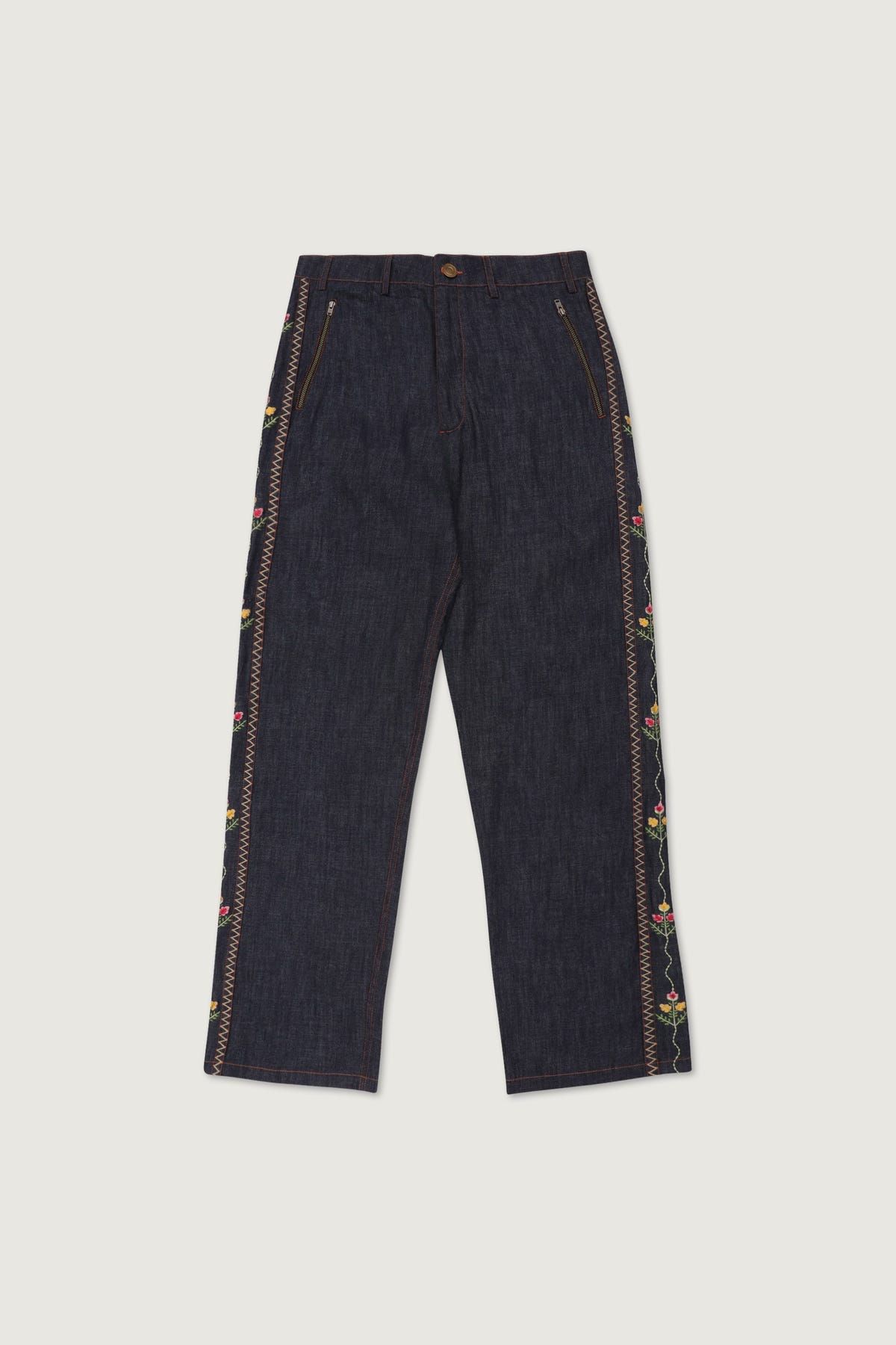 Floral embroidered denim pants - image 1