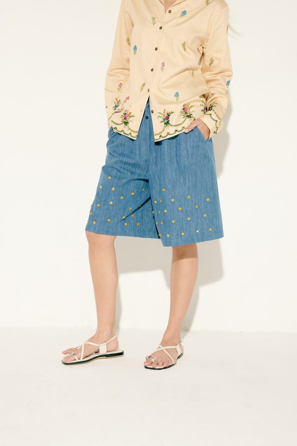 Perte D'ego — Hand embroidered Floral Denim Culottes