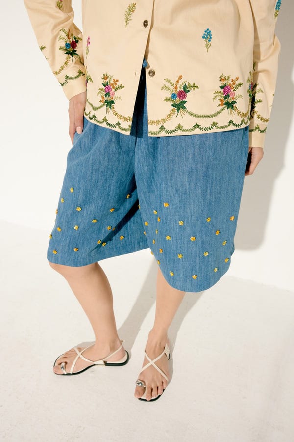 Perte D'ego — Hand embroidered Floral Denim Culottes