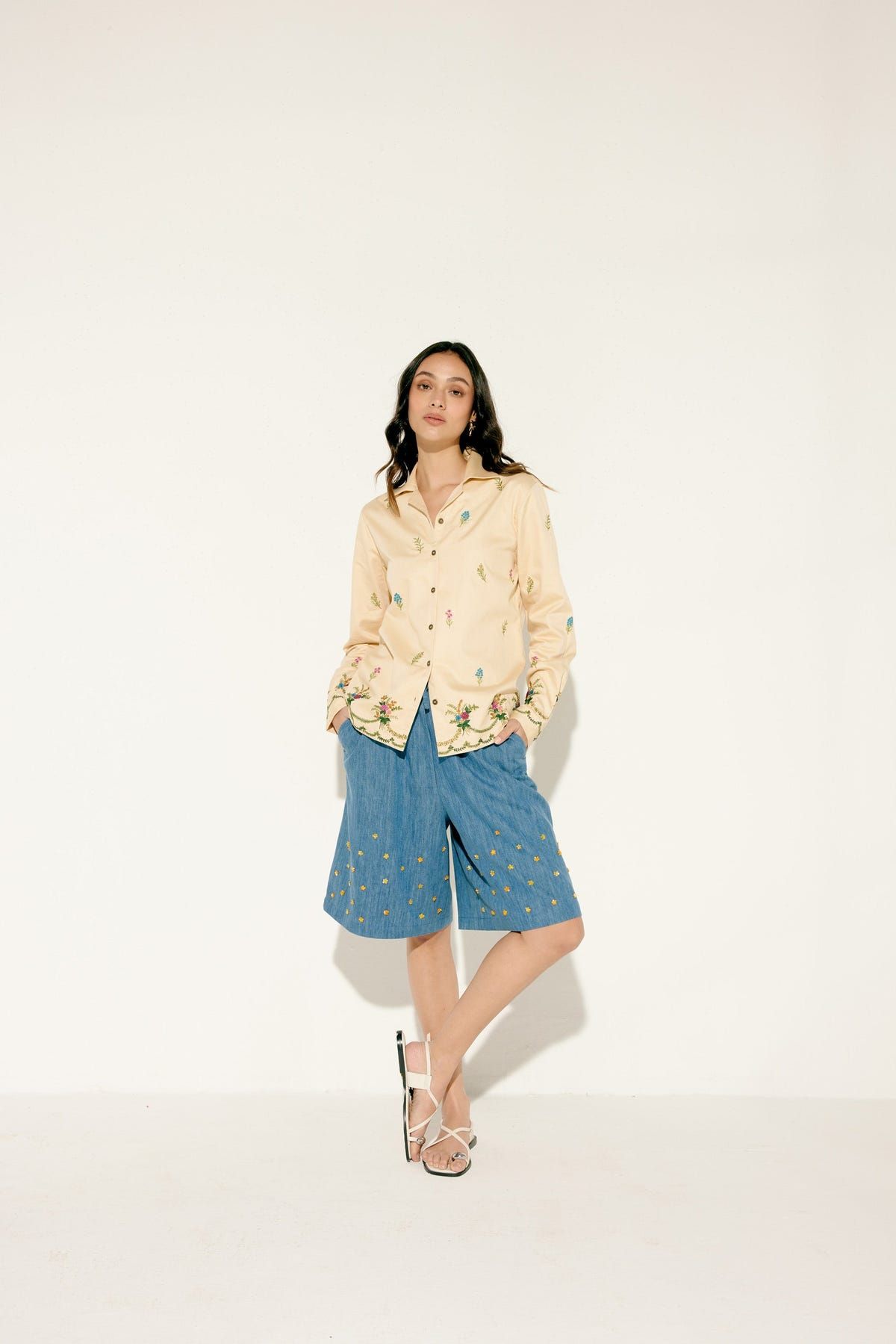 Hand embroidered Floral Denim Culottes - image 3