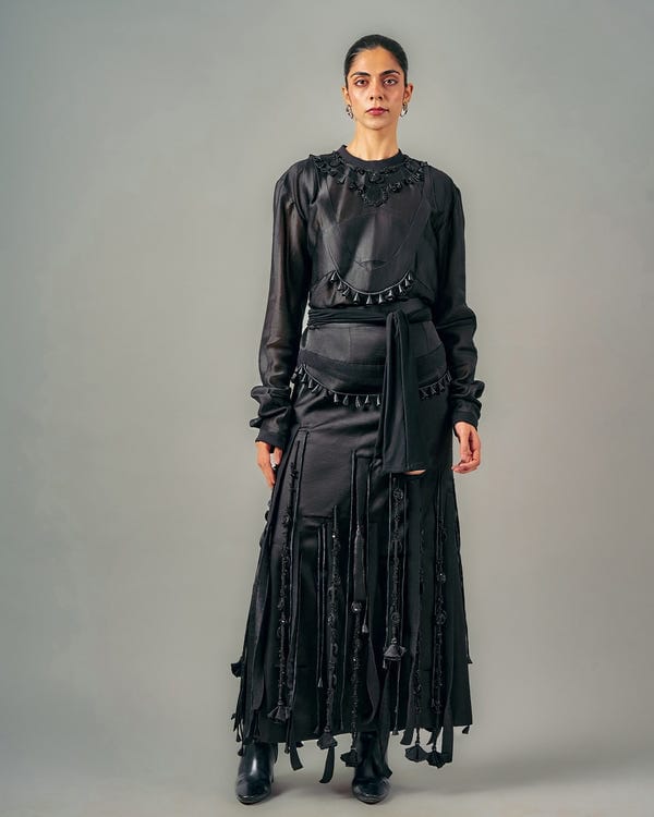 Saim — Tube patchwork top + Cut-out tassels skirt set