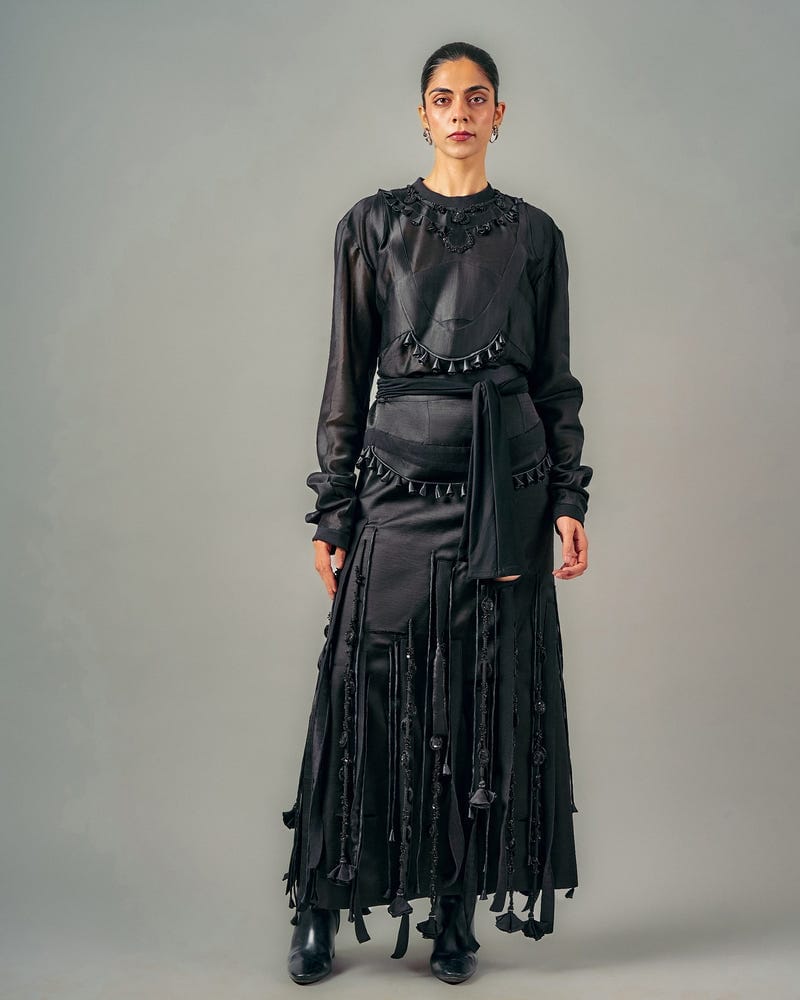 Tube patchwork top + Cut-out tassels skirt set