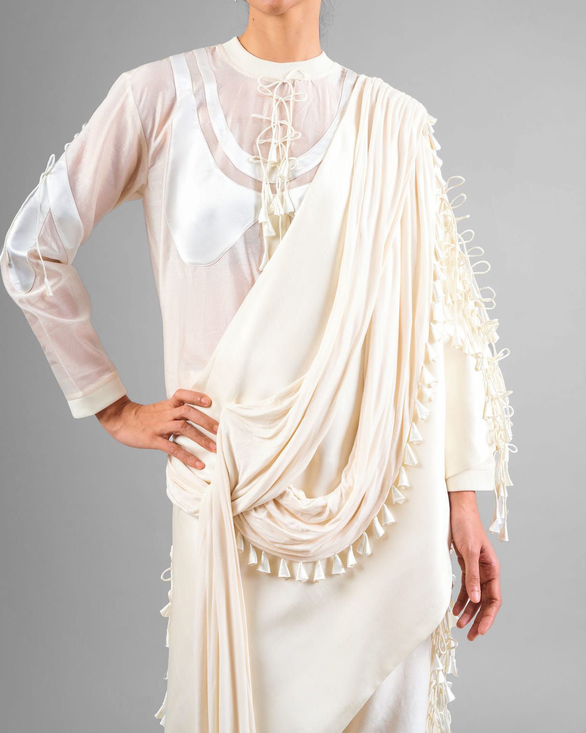 Patchwork ornament top + Tassel drape one shoulder + Outline godet trouser set - image 2