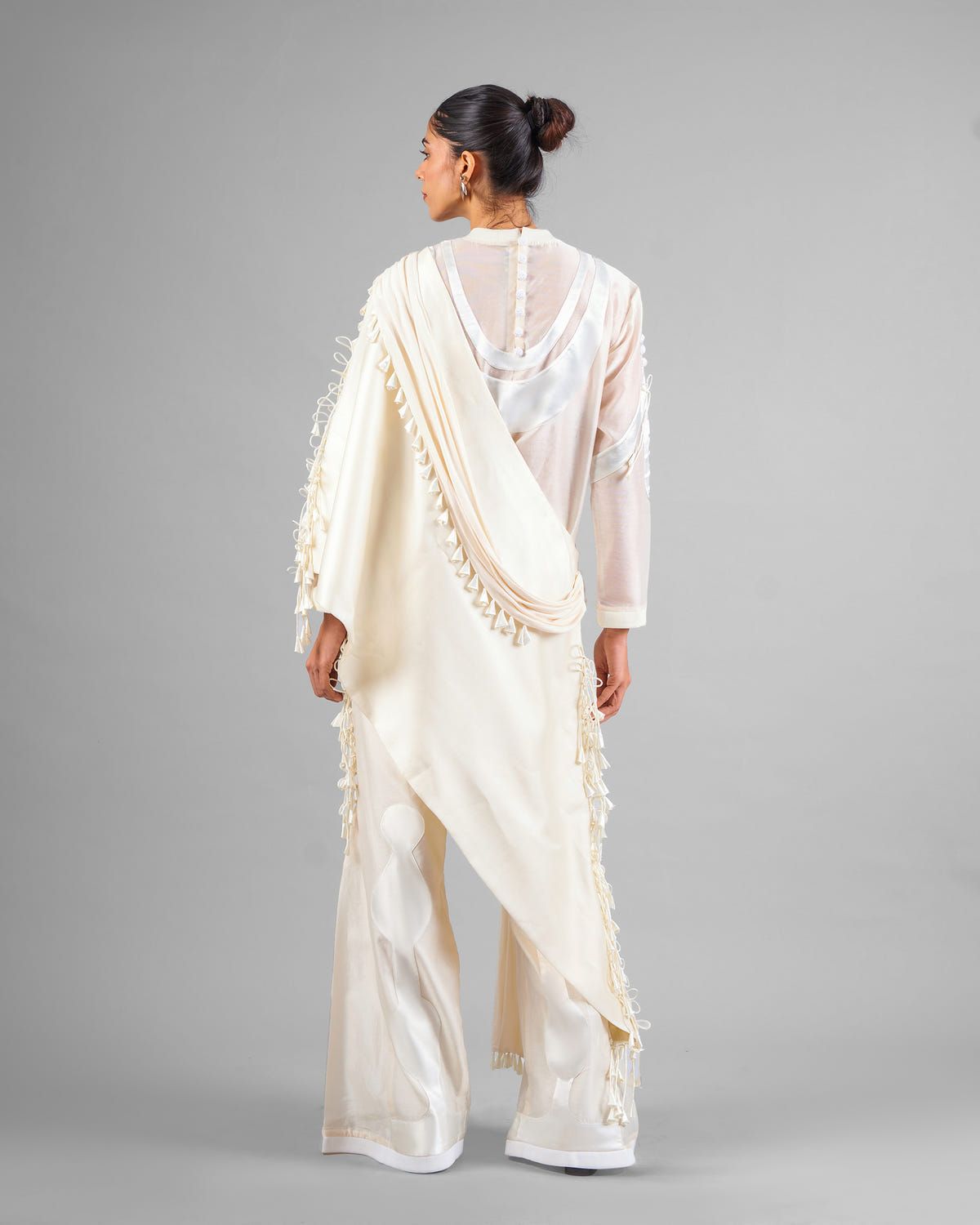 Patchwork ornament top + Tassel drape one shoulder + Outline godet trouser set - image 4