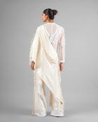 Patchwork ornament top + Tassel drape one shoulder + Outline godet trouser set view 4