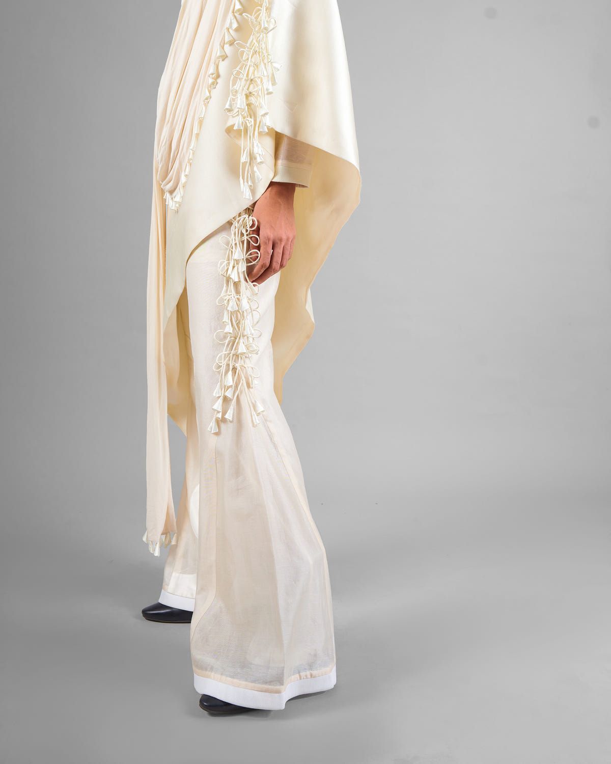 Patchwork ornament top + Tassel drape one shoulder + Outline godet trouser set - image 5