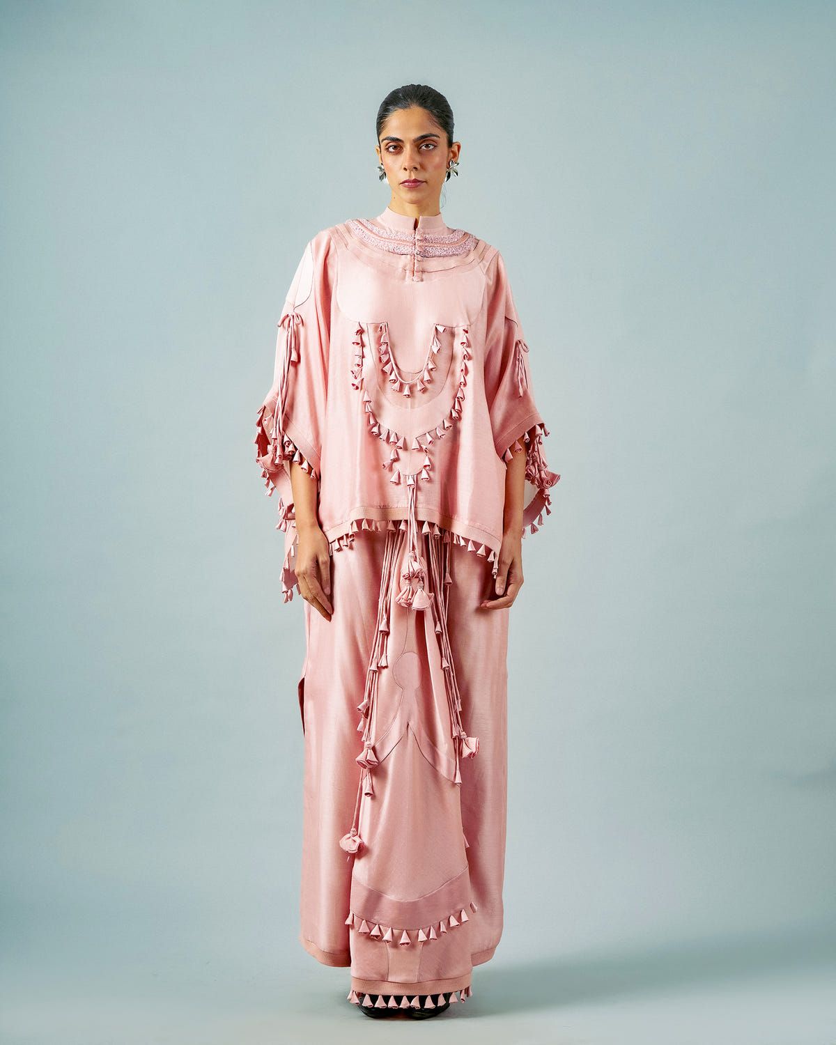 Tasseled necklines cape + Godet lungi skirt set - image 1