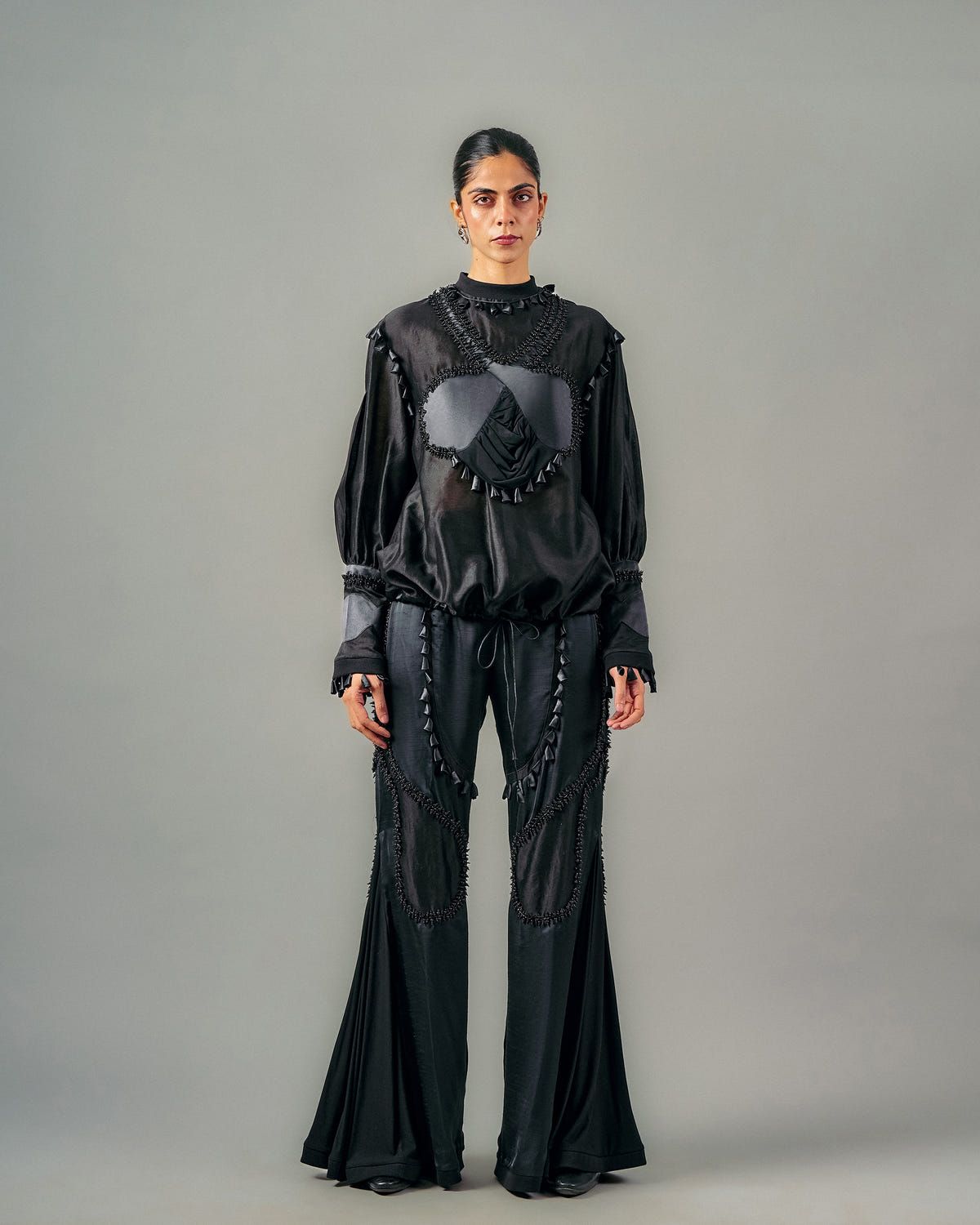 Cross gathered top + Sheer insert godet trouser set - image 1