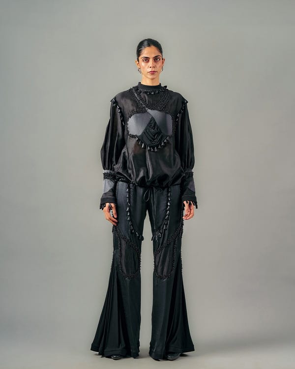 Saim — Cross gathered top + Sheer insert godet trouser set