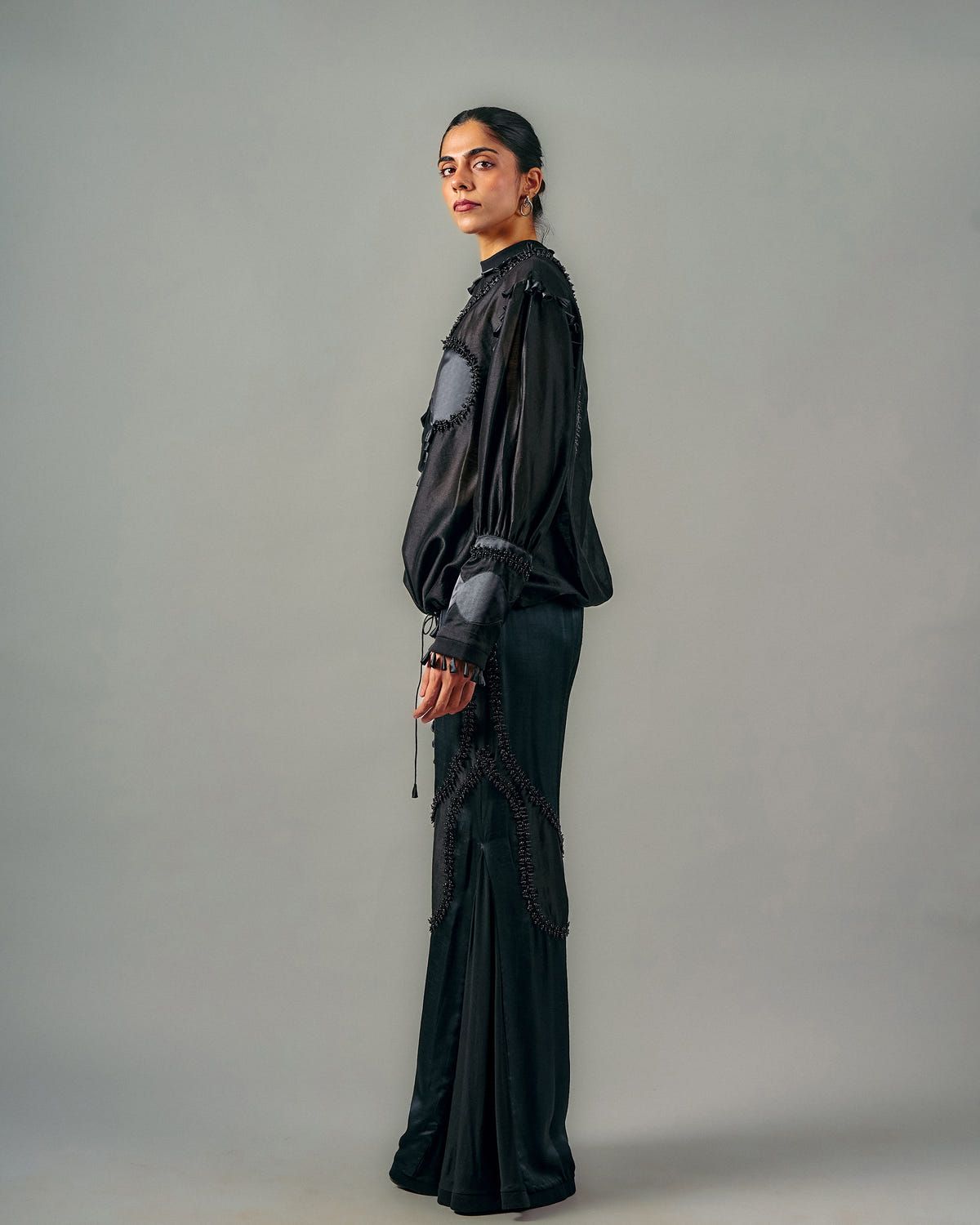 Cross gathered top + Sheer insert godet trouser set - image 3