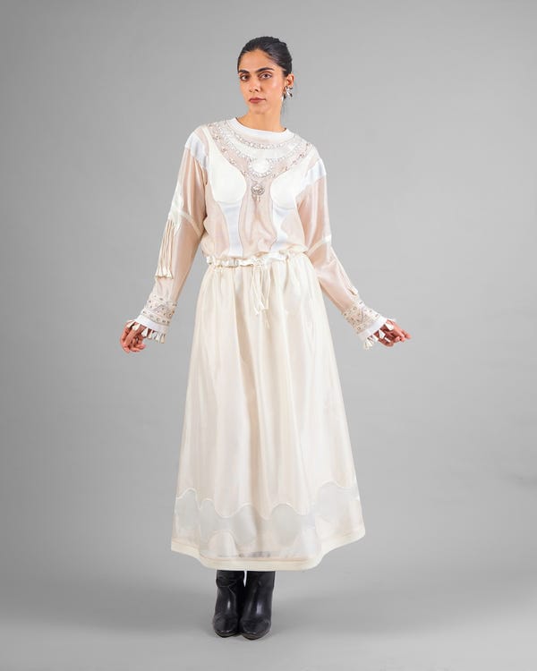 Saim — Ornament gathered top + Flared patchwork skirt