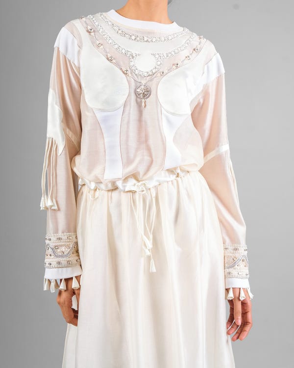 Saim — Ornament gathered top + Flared patchwork skirt