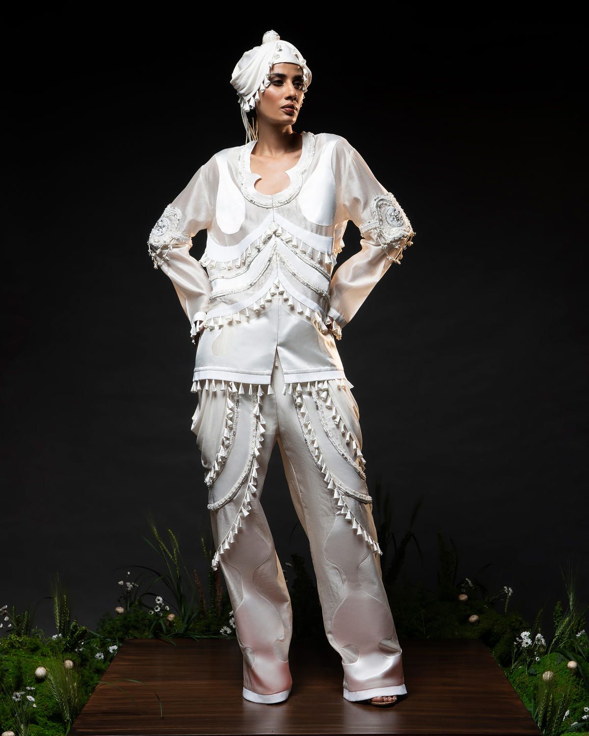 Ornament patchwork jacket + Drape tassel trouser set - image 1