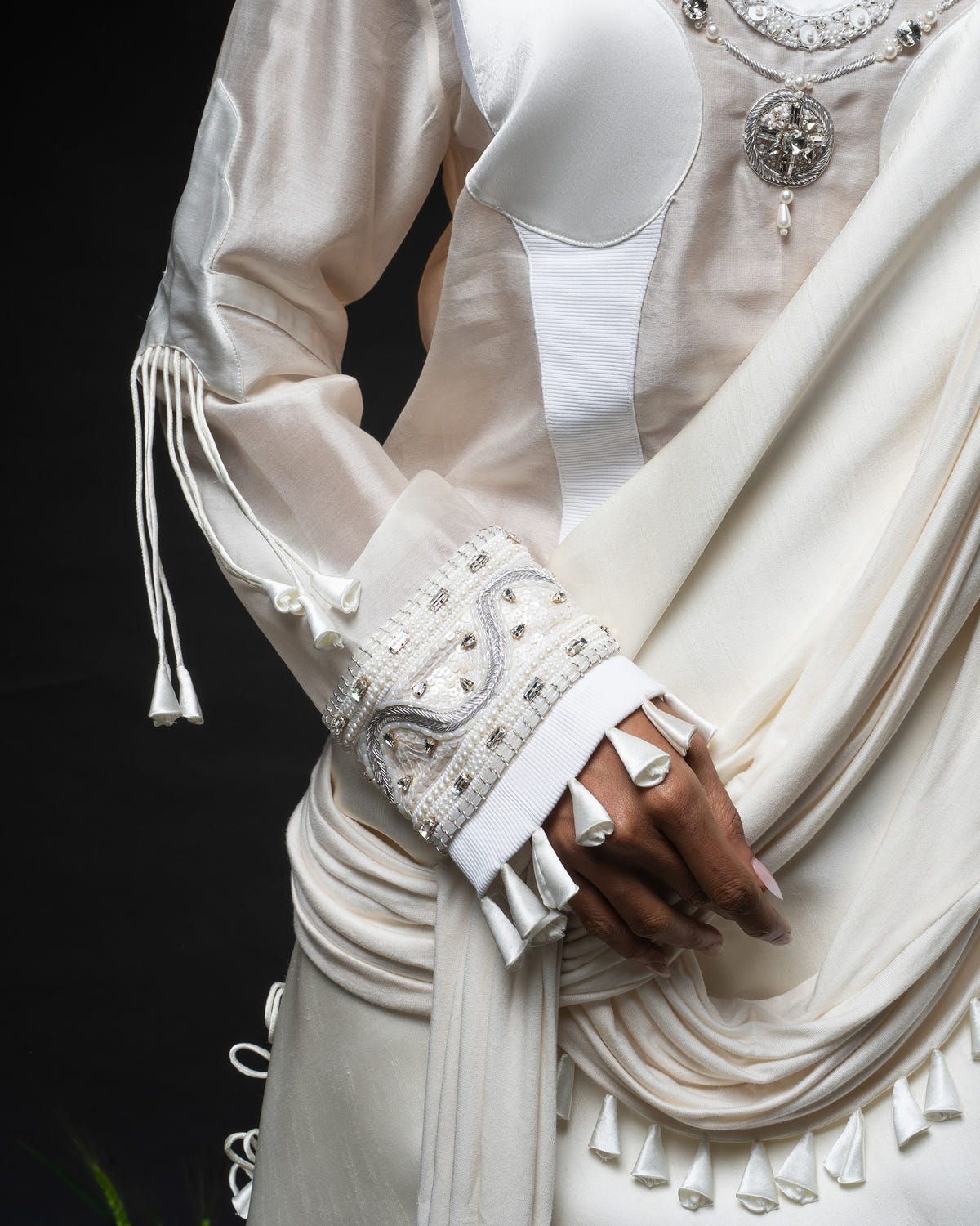 Sculptural necklace top + Tassel drape one shoulder + Outline godet trouser set - image 2