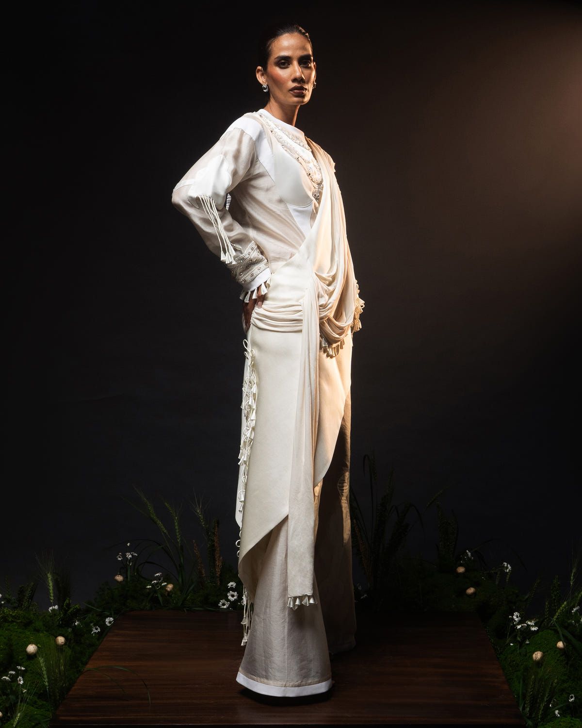 Sculptural necklace top + Tassel drape one shoulder + Outline godet trouser set - image 3