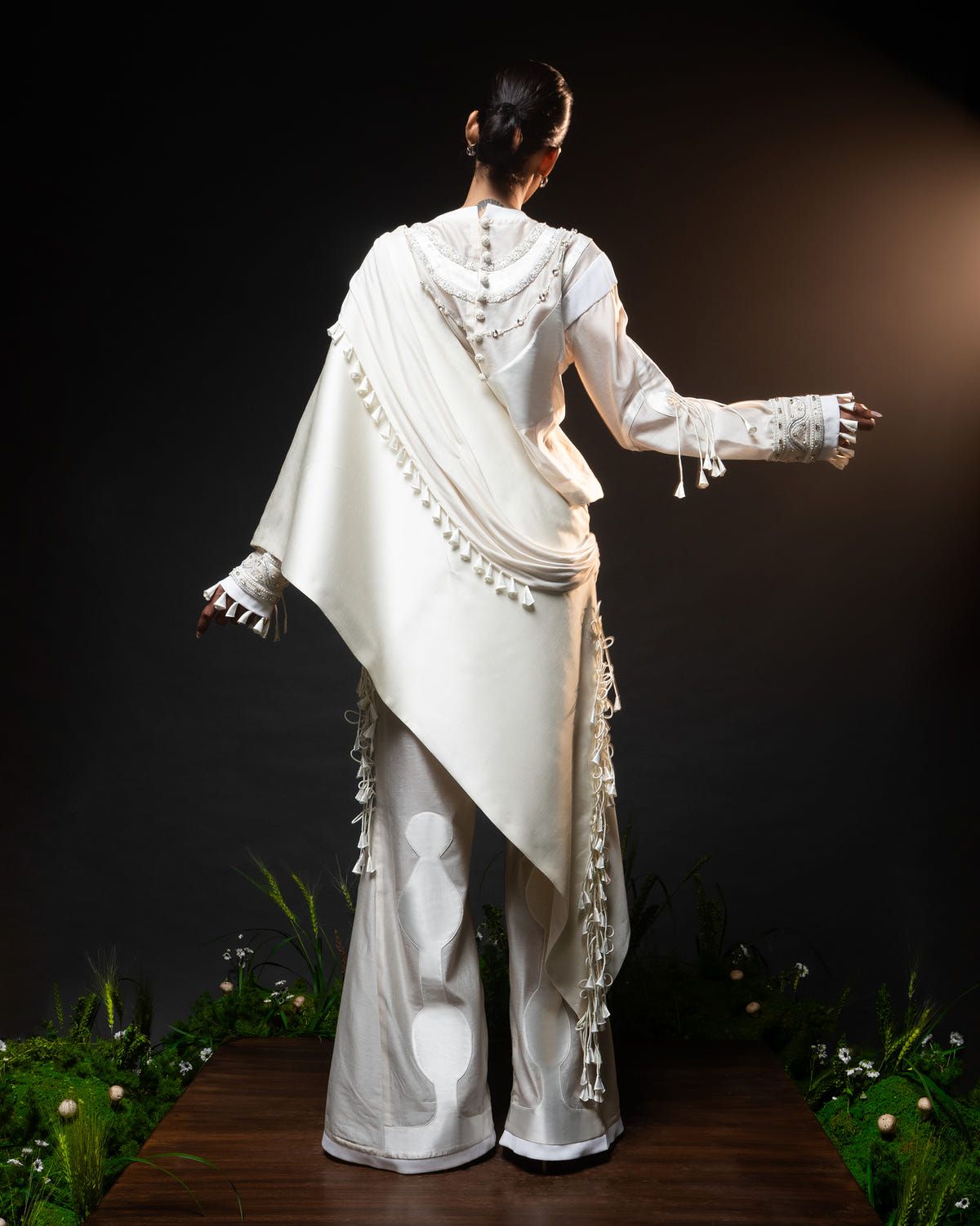 Sculptural necklace top + Tassel drape one shoulder + Outline godet trouser set - image 4