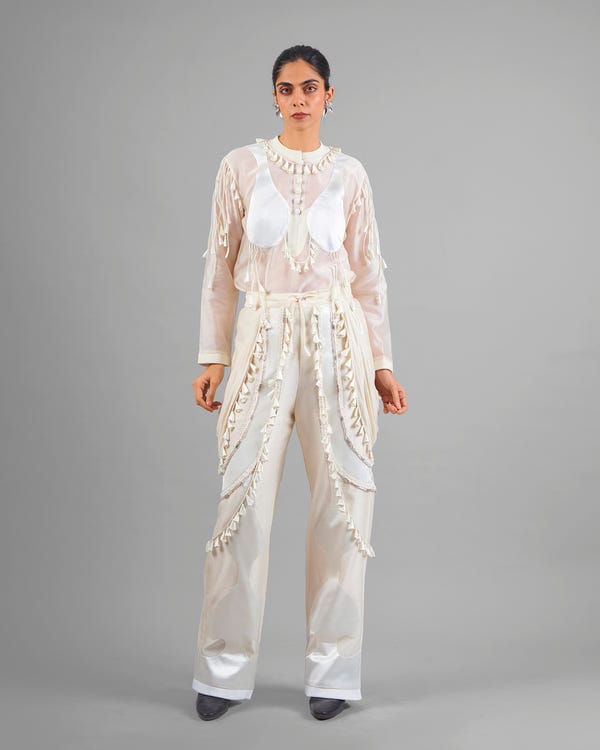 Saim — Cord fringe top + Drape tassel trouser set