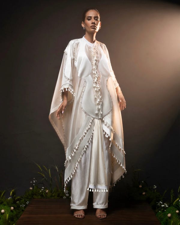 Saim — Sculptural dhoti drape kaftan + Wide leg trouser set