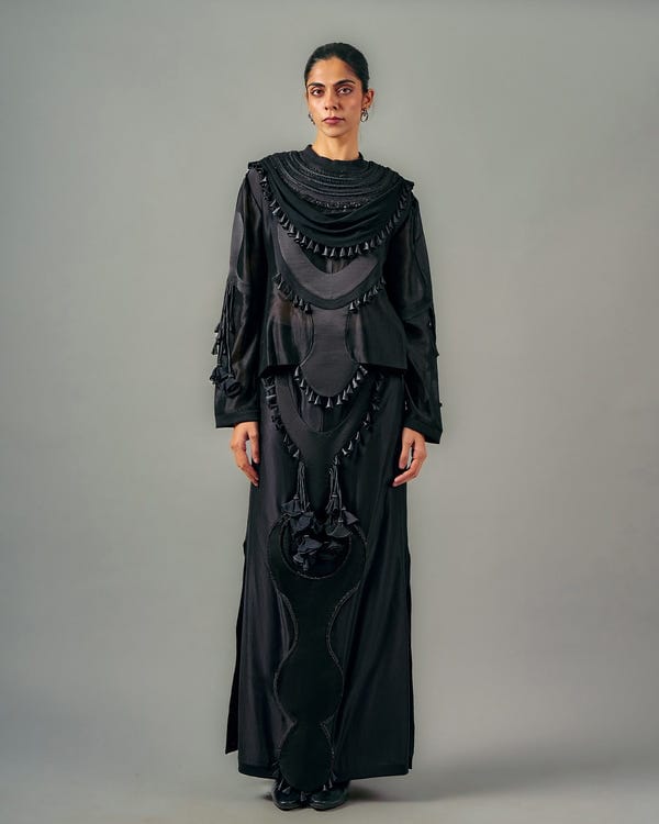Saim — Quilted necklines drape top + Ornament patch skirt set