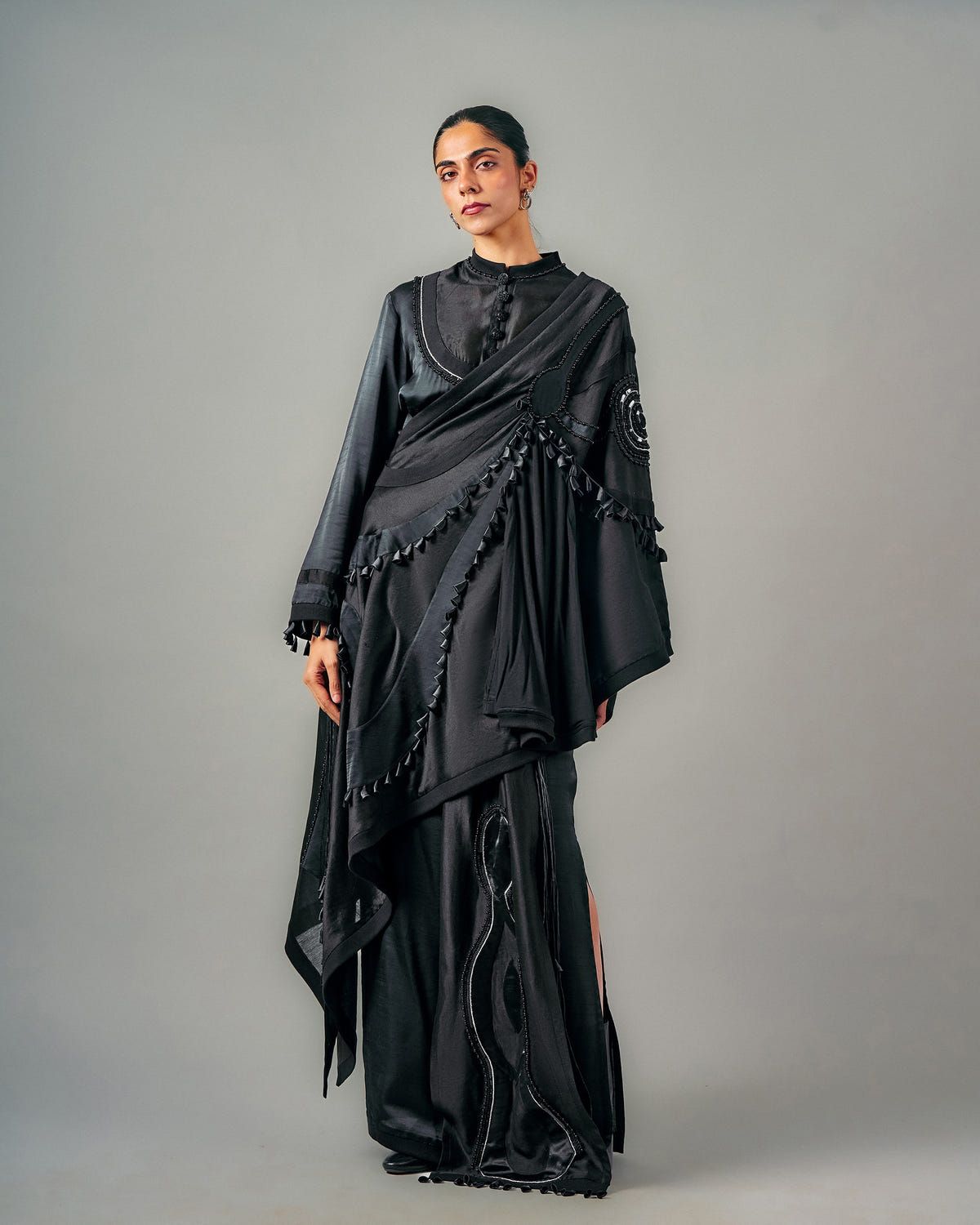 Necklace top + Ornament draped one shoulder + Patchwork lungi skirt set - image 1