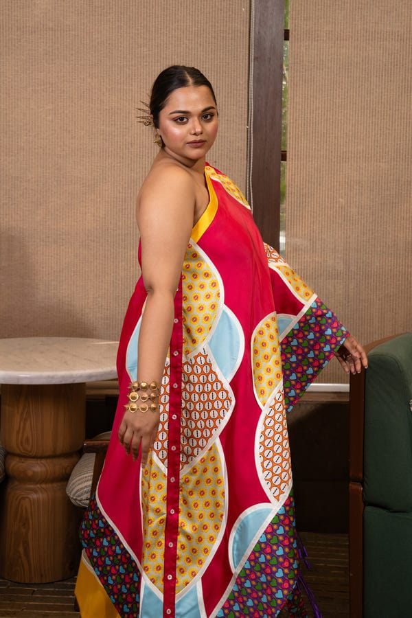 Saim — Buttons patchwork one shoulder set