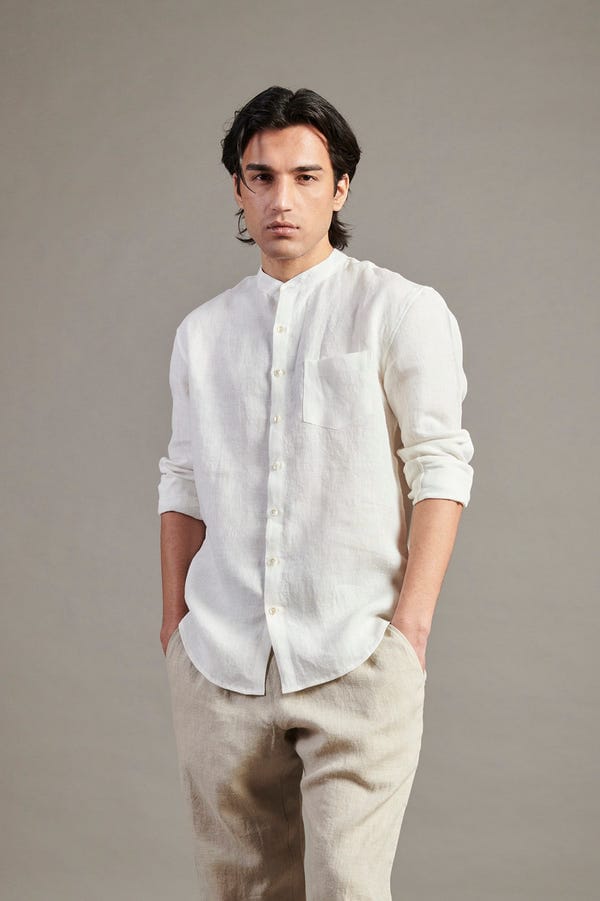 Saphed — Taj Co-Linen Band Collar Shirt