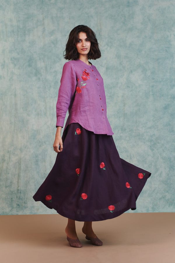 Saphed — Berry Linen Embroidered Shirt and Plum Linen Flared Skirt Set