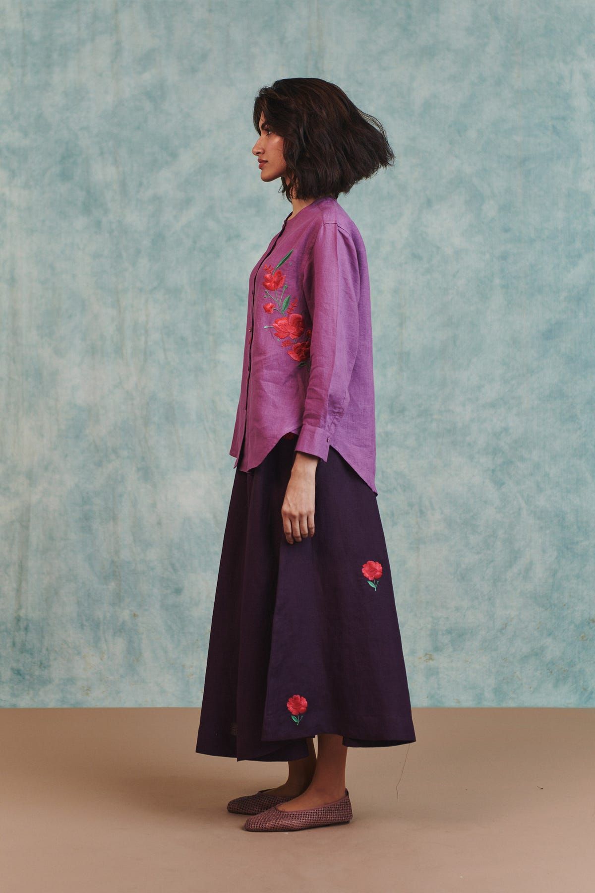 Berry Linen Embroidered Shirt and Plum Linen Flared Skirt Set - image 2