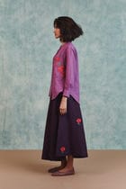 Berry Linen Embroidered Shirt and Plum Linen Flared Skirt Set view 2