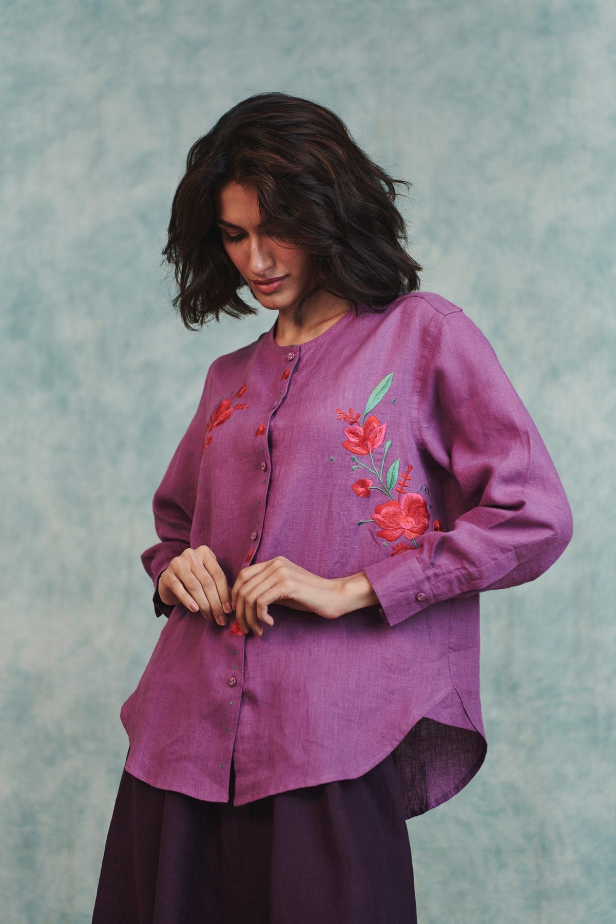 Berry Linen Embroidered Shirt and Plum Linen Flared Skirt Set - image 3
