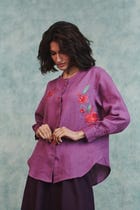 Berry Linen Embroidered Shirt and Plum Linen Flared Skirt Set view 3