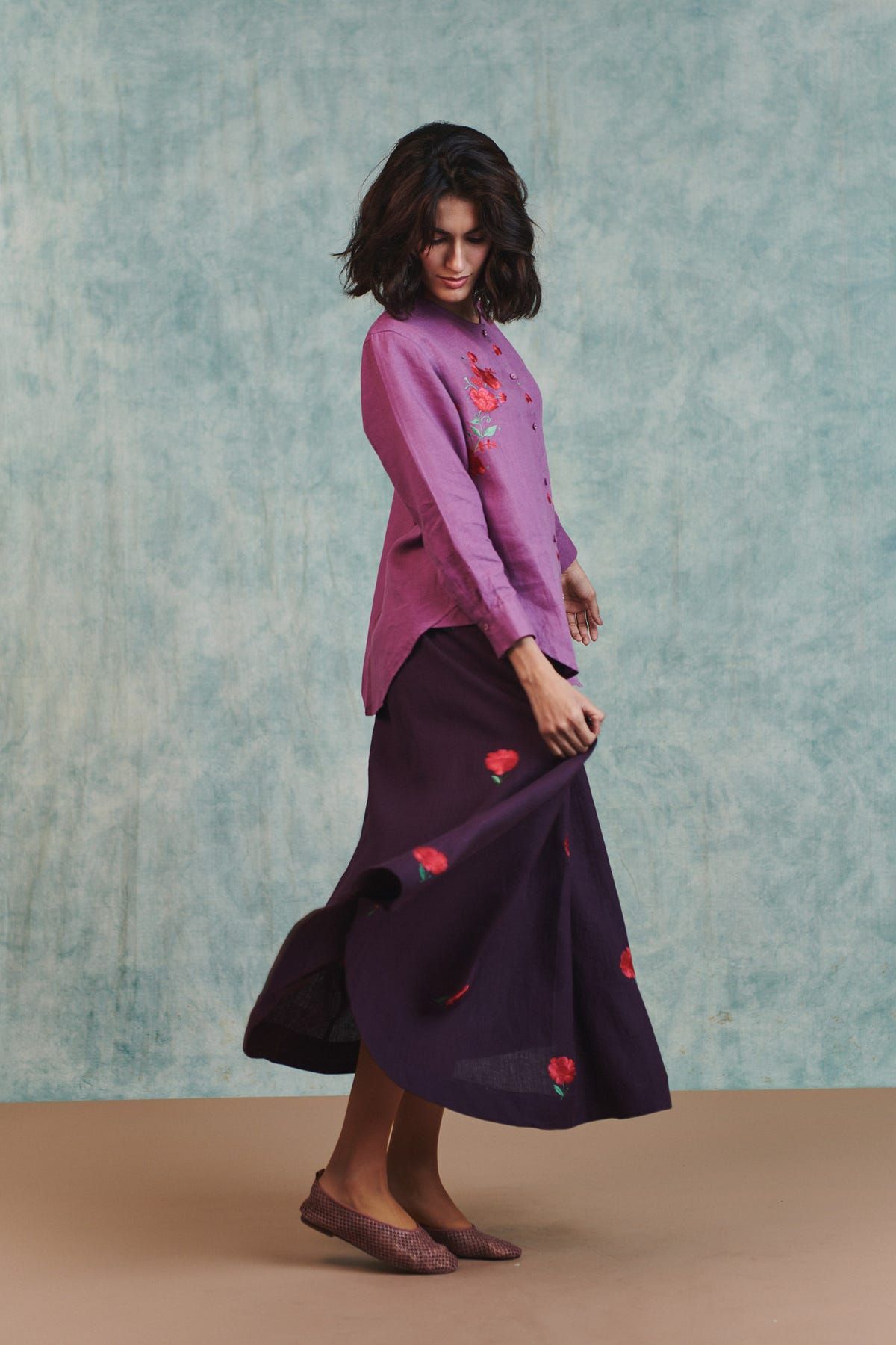 Berry Linen Embroidered Shirt and Plum Linen Flared Skirt Set - image 4