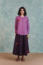 Berry Linen Embroidered Shirt and Plum Linen Flared Skirt Set view 8