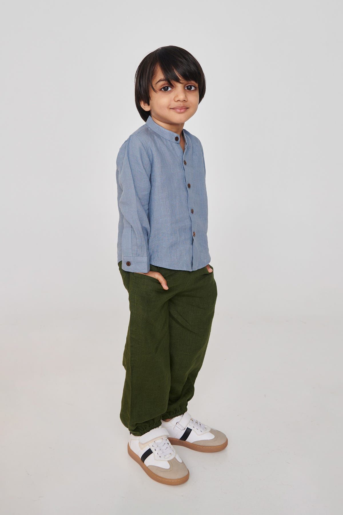 Sky Linen Boys Band Collar Shirt - image 1