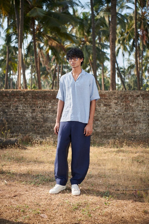 Saphed — Sky Pinstripe Linen Men's Popover Shirt - Sale