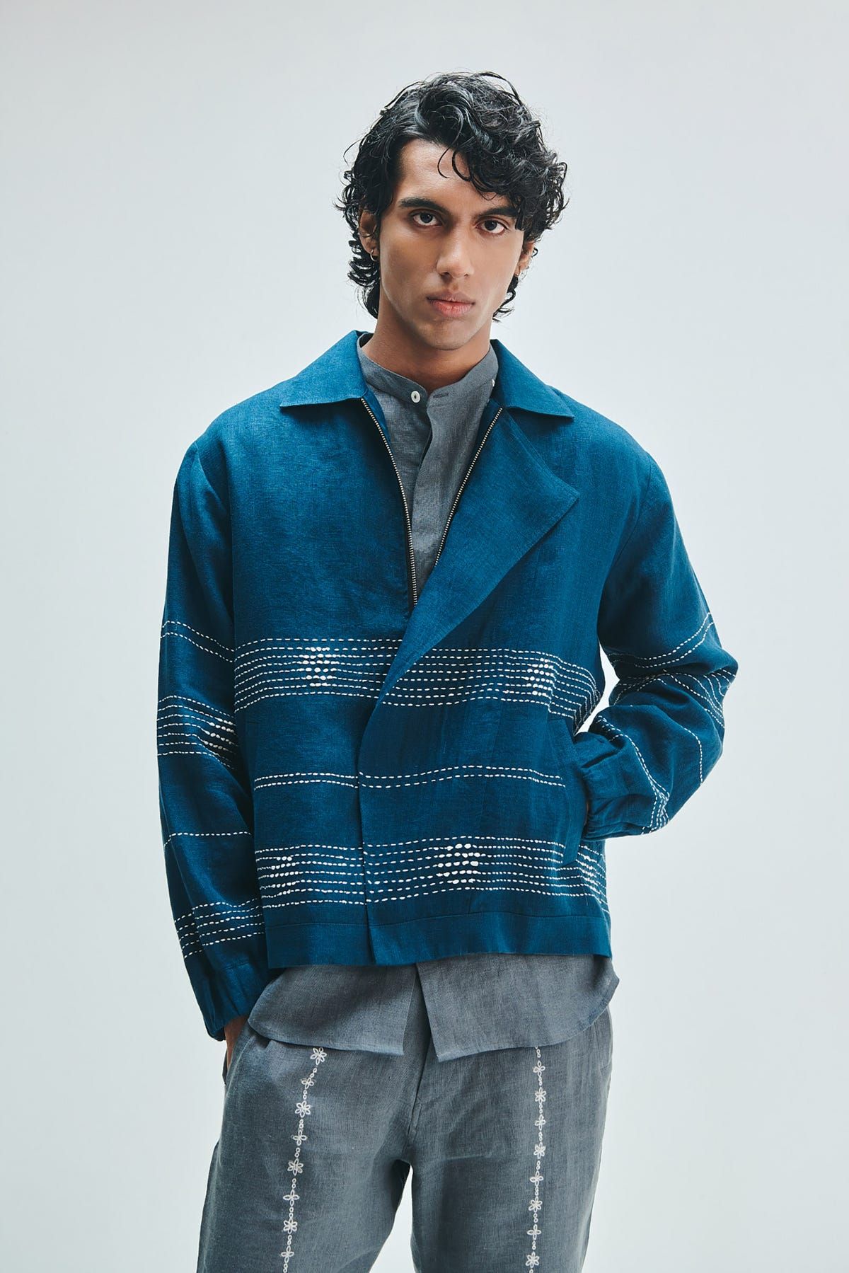 Indigo Linen Kantha Flap Collar Jacket - image 1
