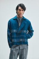 Indigo Linen Kantha Flap Collar Jacket view 1