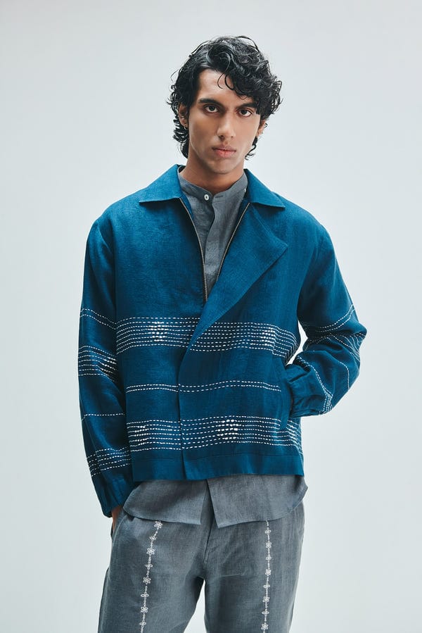 Saphed — Indigo Linen Kantha Flap Collar Jacket