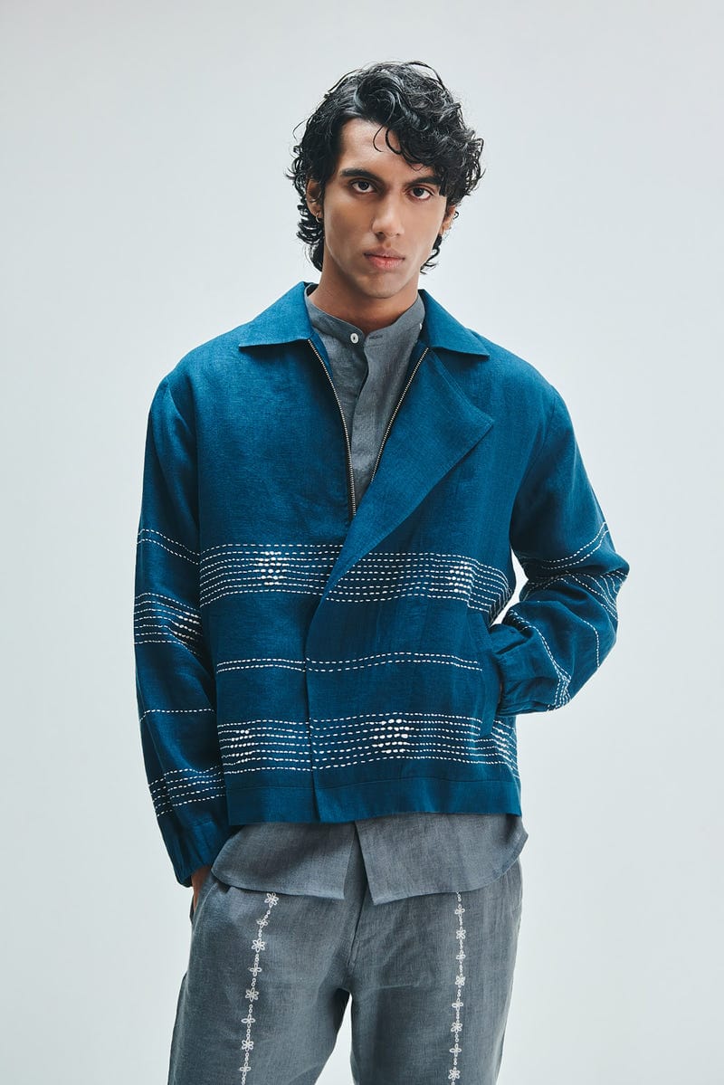 Indigo Linen Kantha Flap Collar Jacket