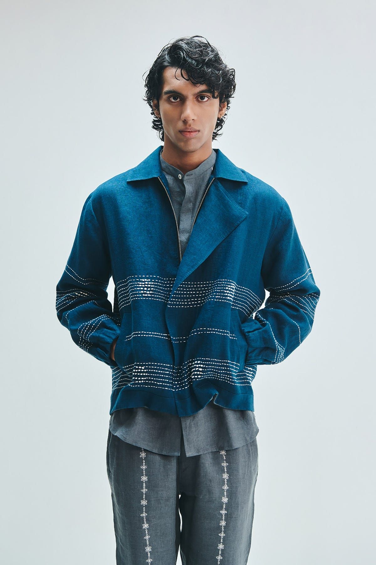Indigo Linen Kantha Flap Collar Jacket - image 12
