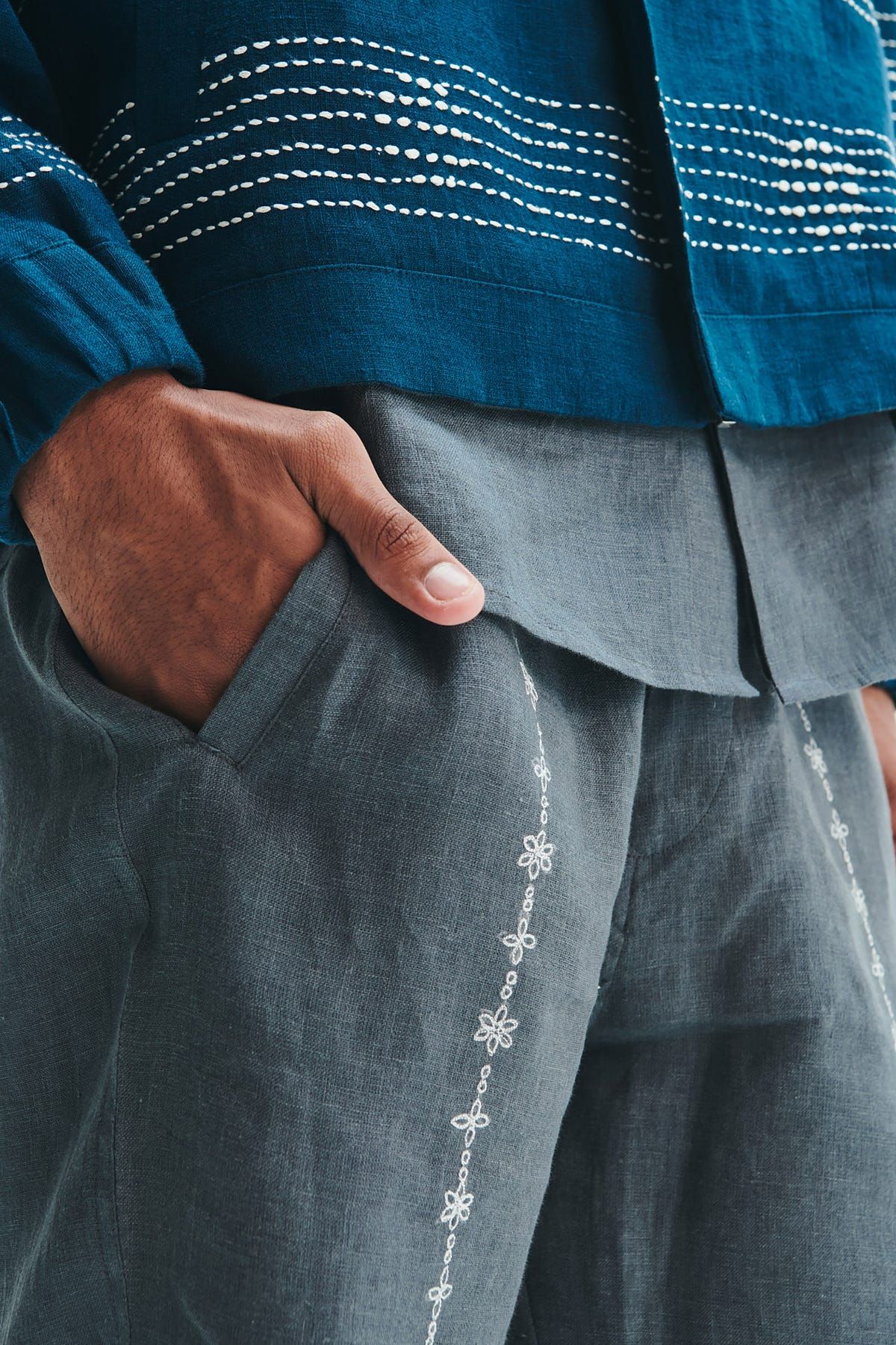 Indigo Linen Kantha Flap Collar Jacket - image 13