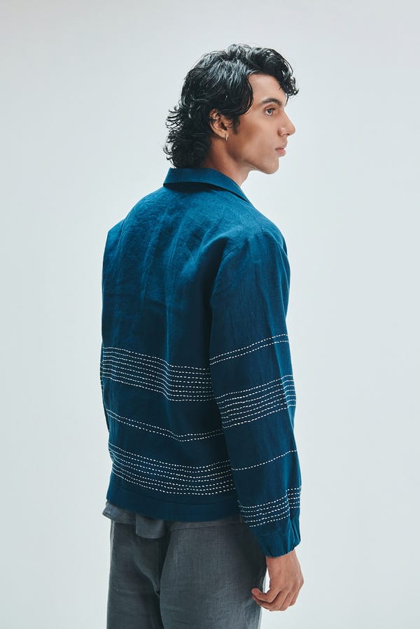 Saphed — Indigo Linen Kantha Flap Collar Jacket