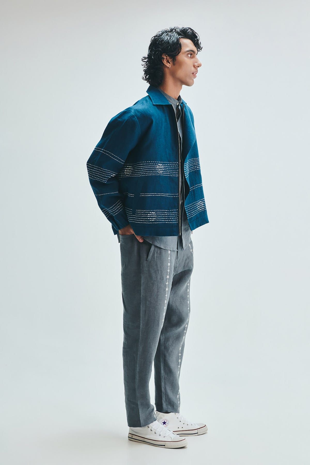 Indigo Linen Kantha Flap Collar Jacket - image 4