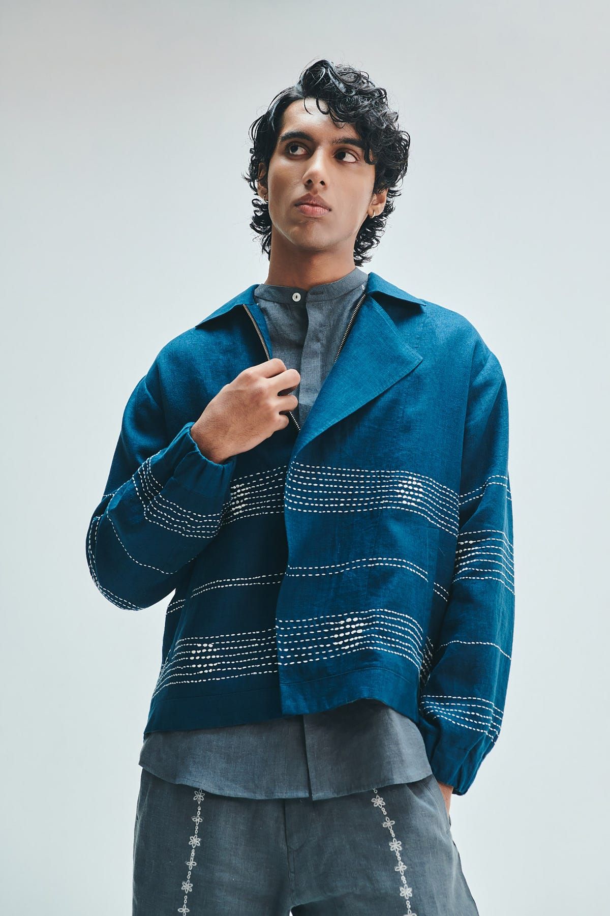 Indigo Linen Kantha Flap Collar Jacket - image 6