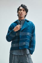 Indigo Linen Kantha Flap Collar Jacket view 6