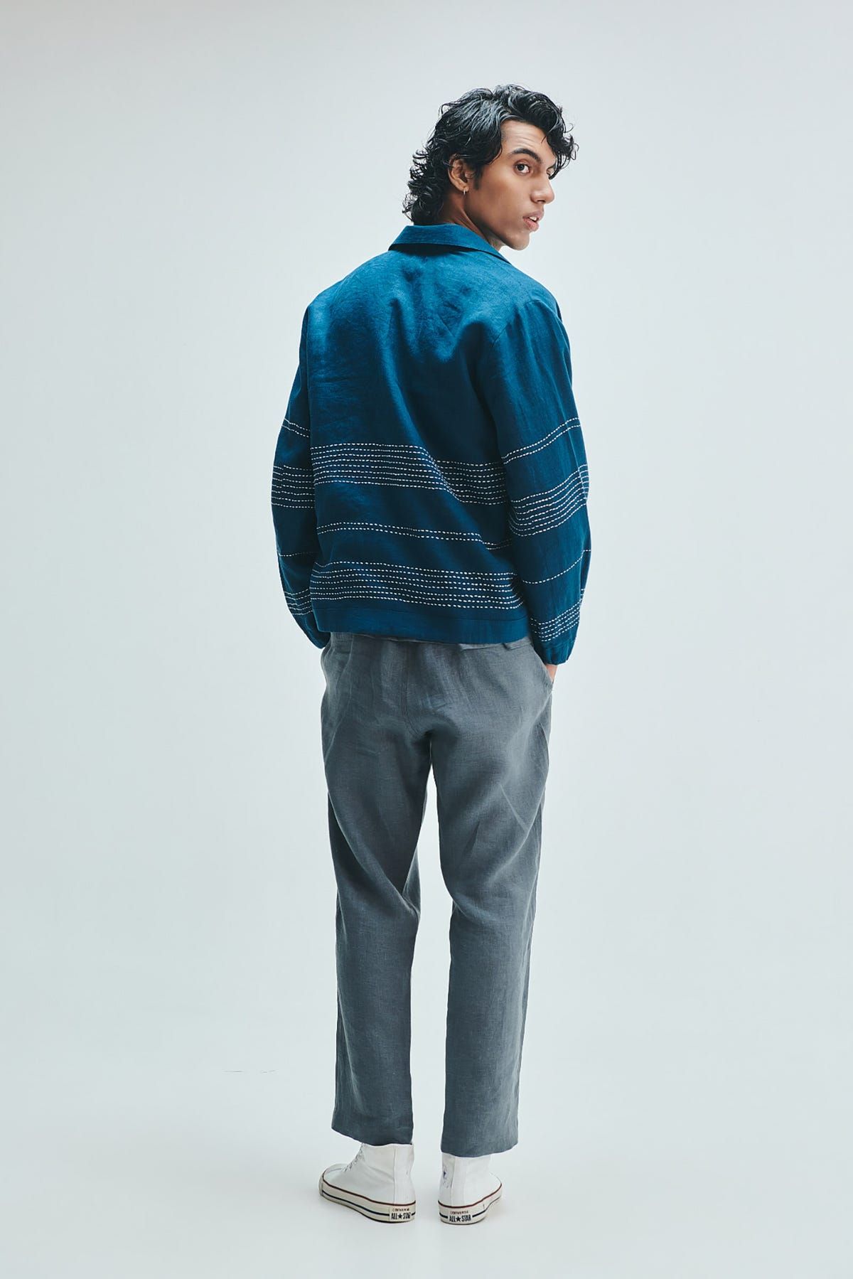 Indigo Linen Kantha Flap Collar Jacket - image 7