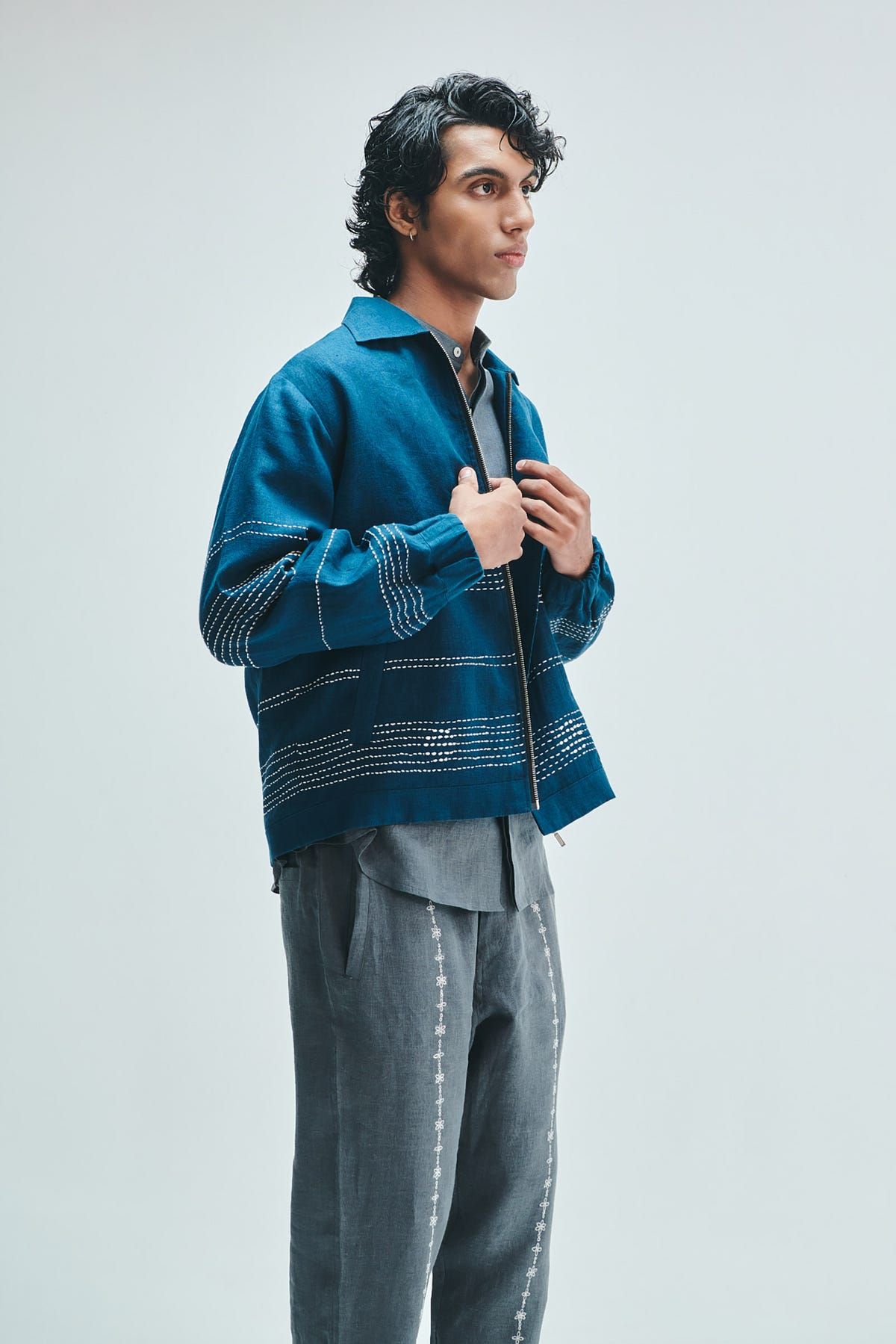 Indigo Linen Kantha Flap Collar Jacket - image 8
