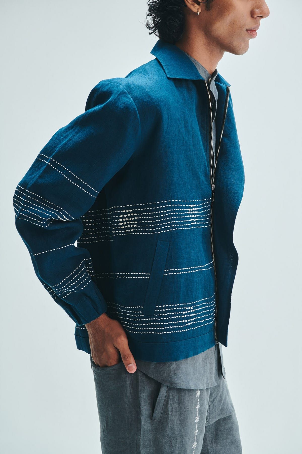 Indigo Linen Kantha Flap Collar Jacket - image 9