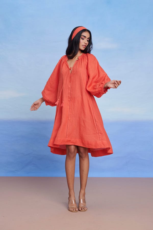 Saphed — Tangerine Linen Lace Panelled Dress - Sale