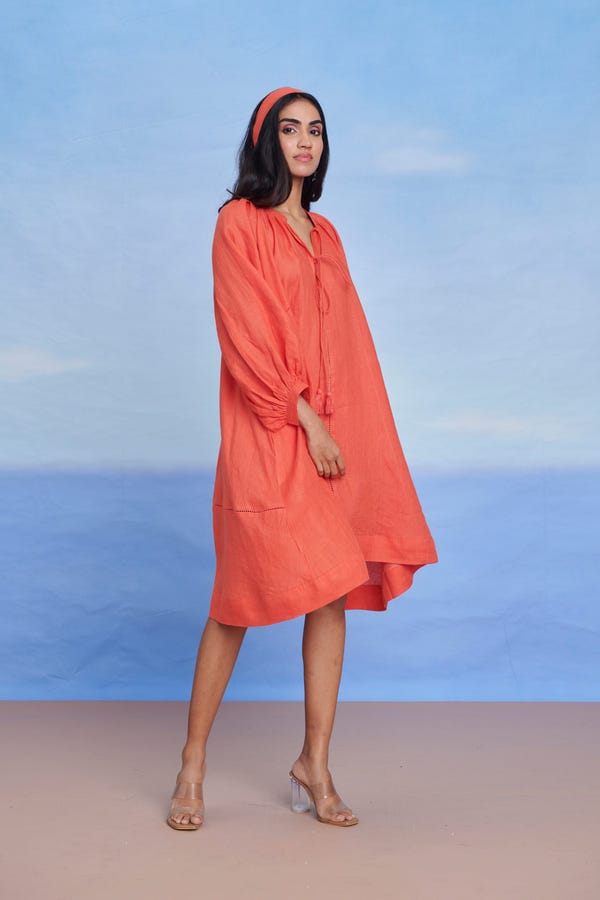 Saphed — Tangerine Linen Lace Panelled Dress - Sale